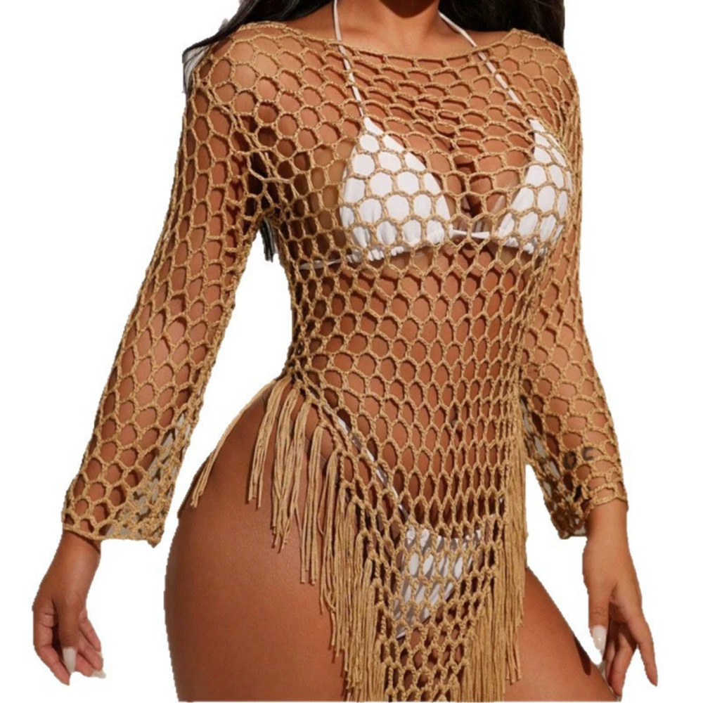 ZARA Sexy Solid Color Mesh Tassel Round Neck Openwork Knitted Beach Wrap